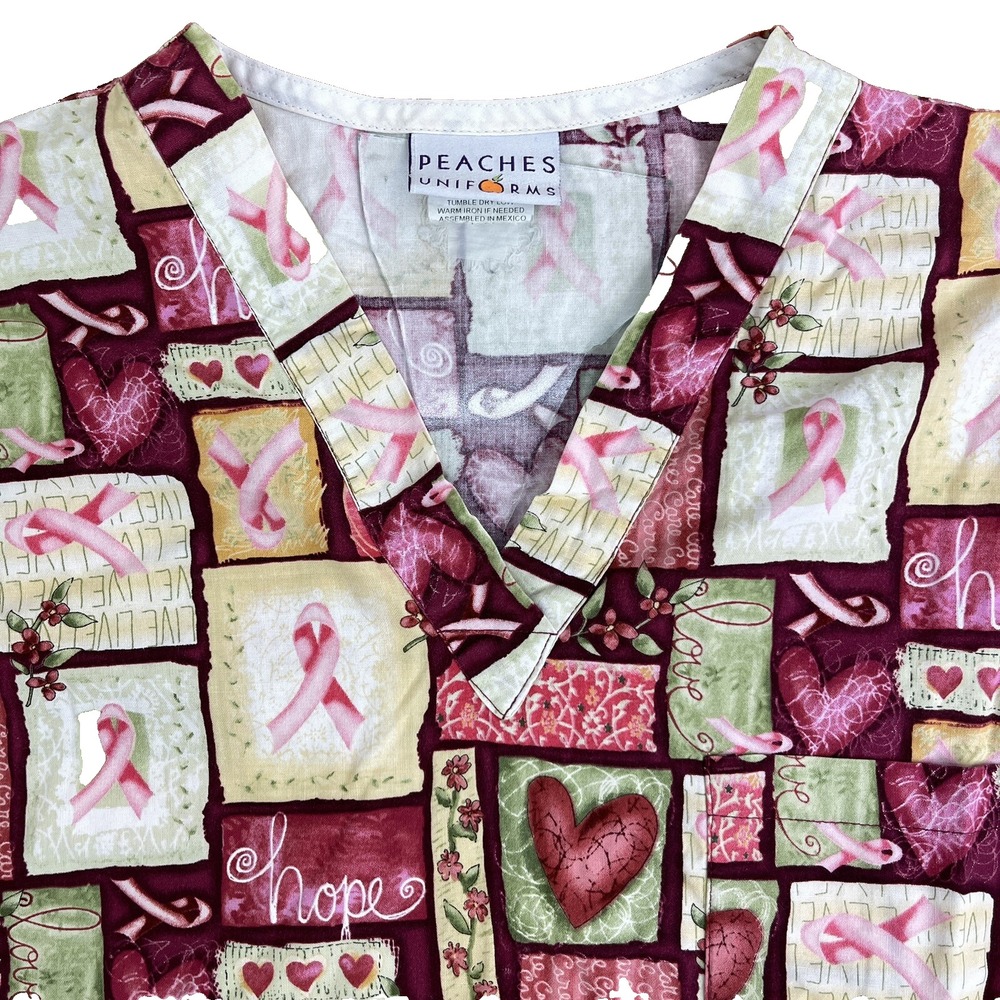 Peaches Scrub Top Womens Medium M Flowers Breast Cancer Ribbons Short Sleeves